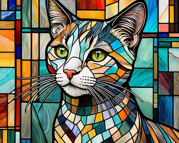 Abstract Stained Glass Cat with Colorful Mosaic Design