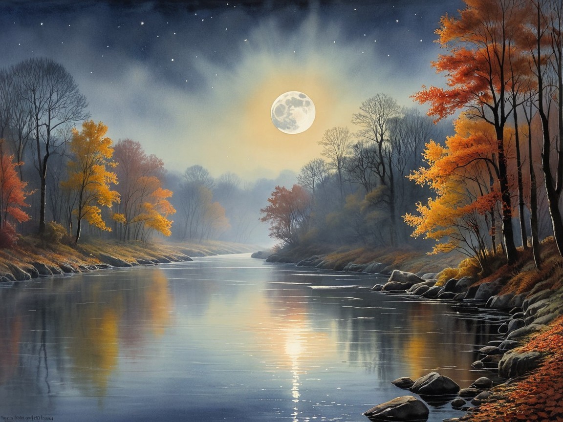 Moonlit Landscape with Autumn Trees and Calm River
