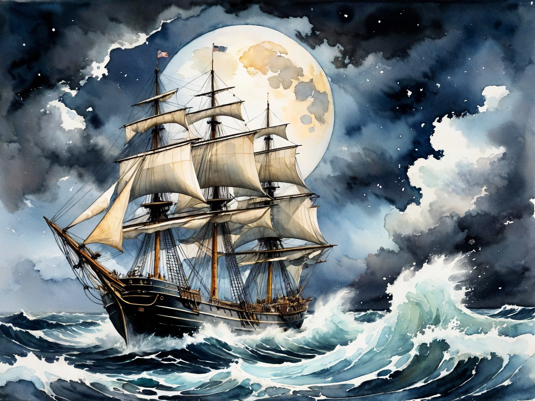 Majestic sailing ship in turbulent ocean at night