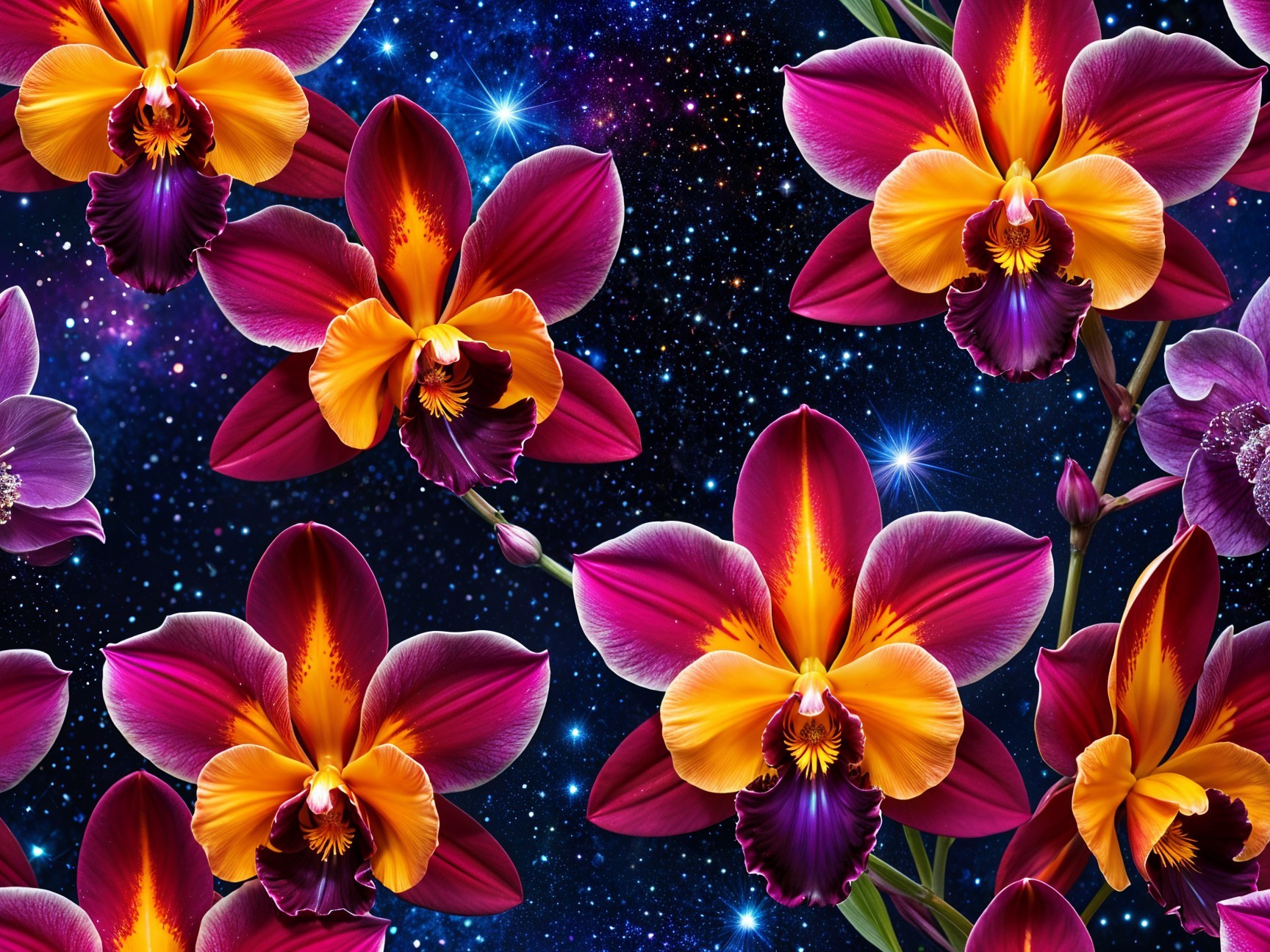 Vibrant Orchids Against a Cosmic Starry Background