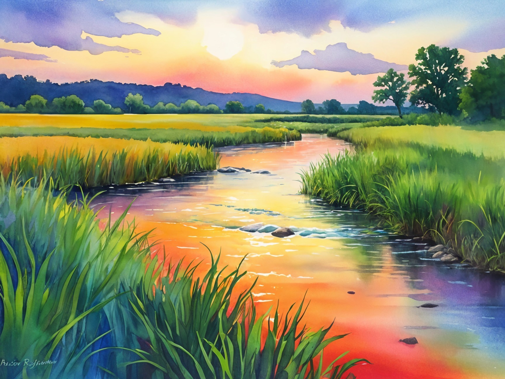 Tranquil Sunset Landscape with Winding River and Hills