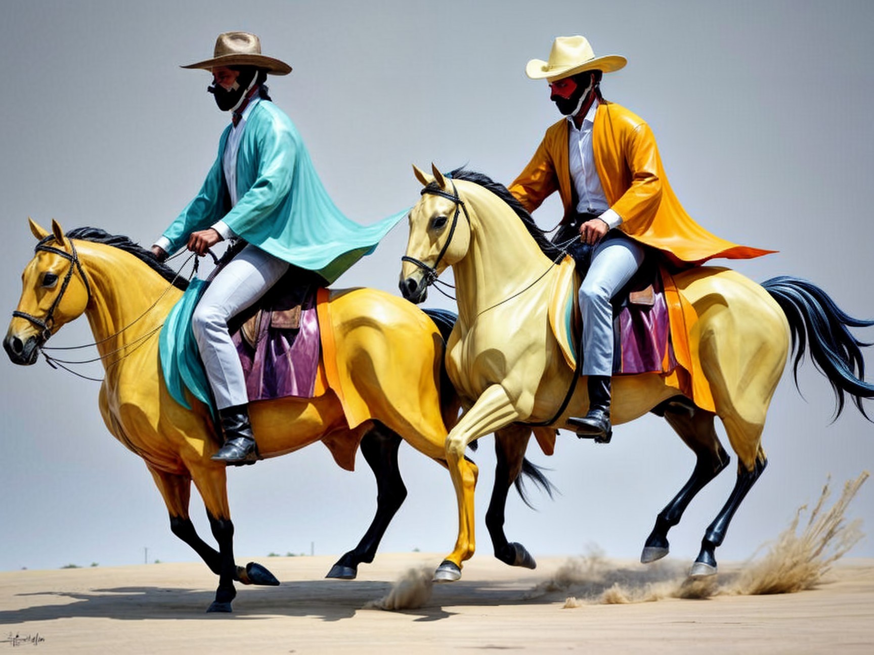 Horsemen in Vibrant Capes Gallop Across Sandy Landscape