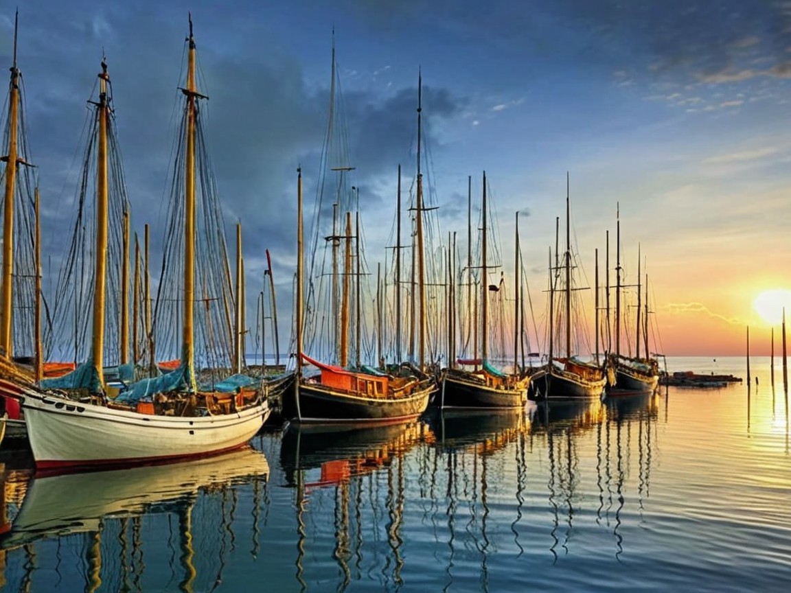 Serene Harbor Scene with Sailing Boats at Sunset