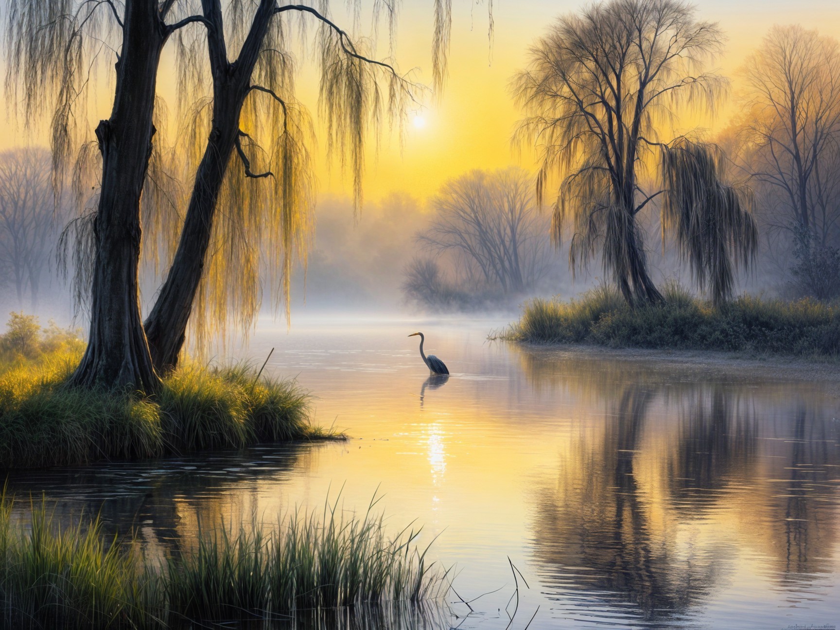 Tranquil Dawn Landscape with River and Crane
