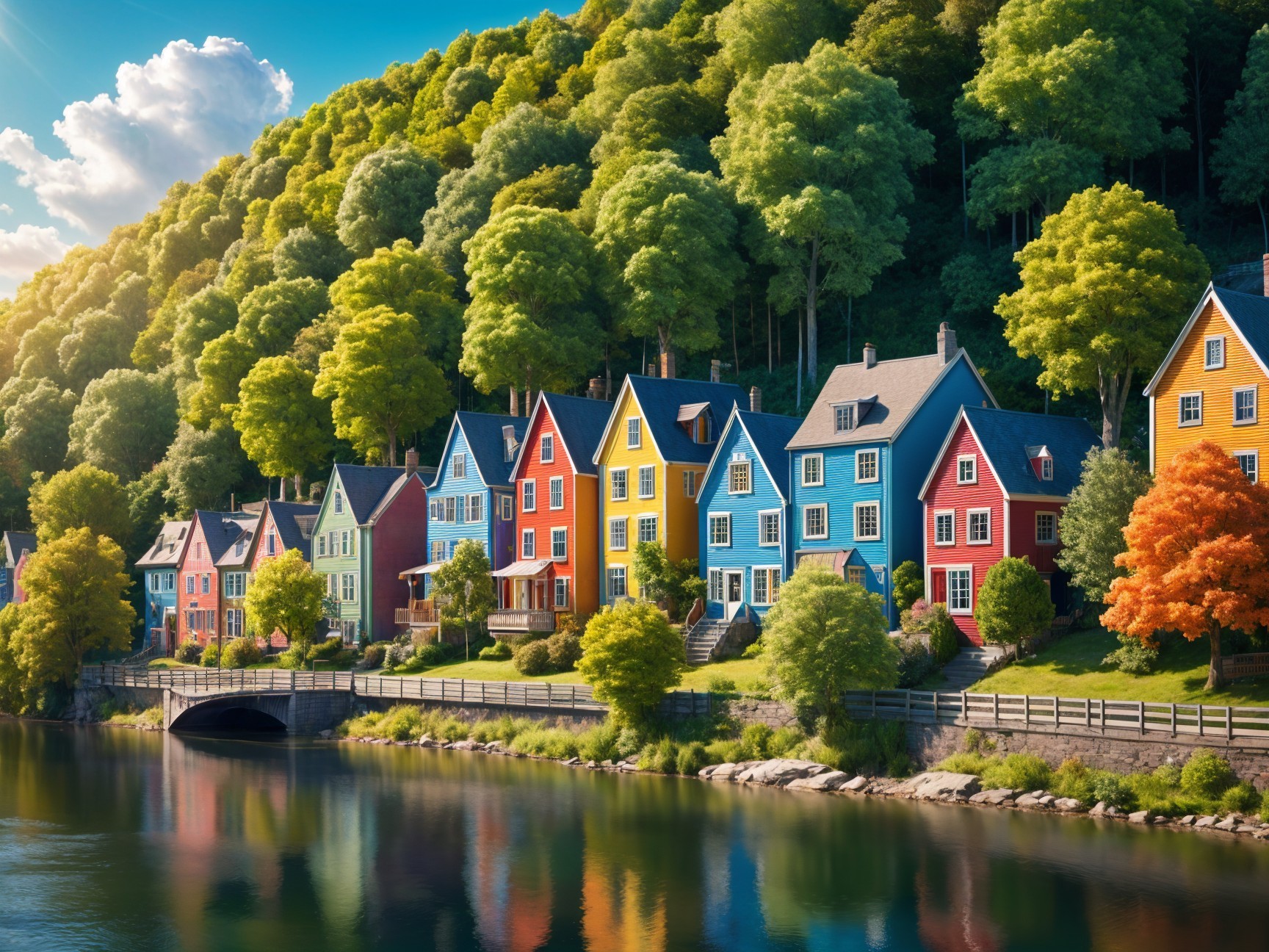 Colorful Houses by a Serene Lakeside Landscape