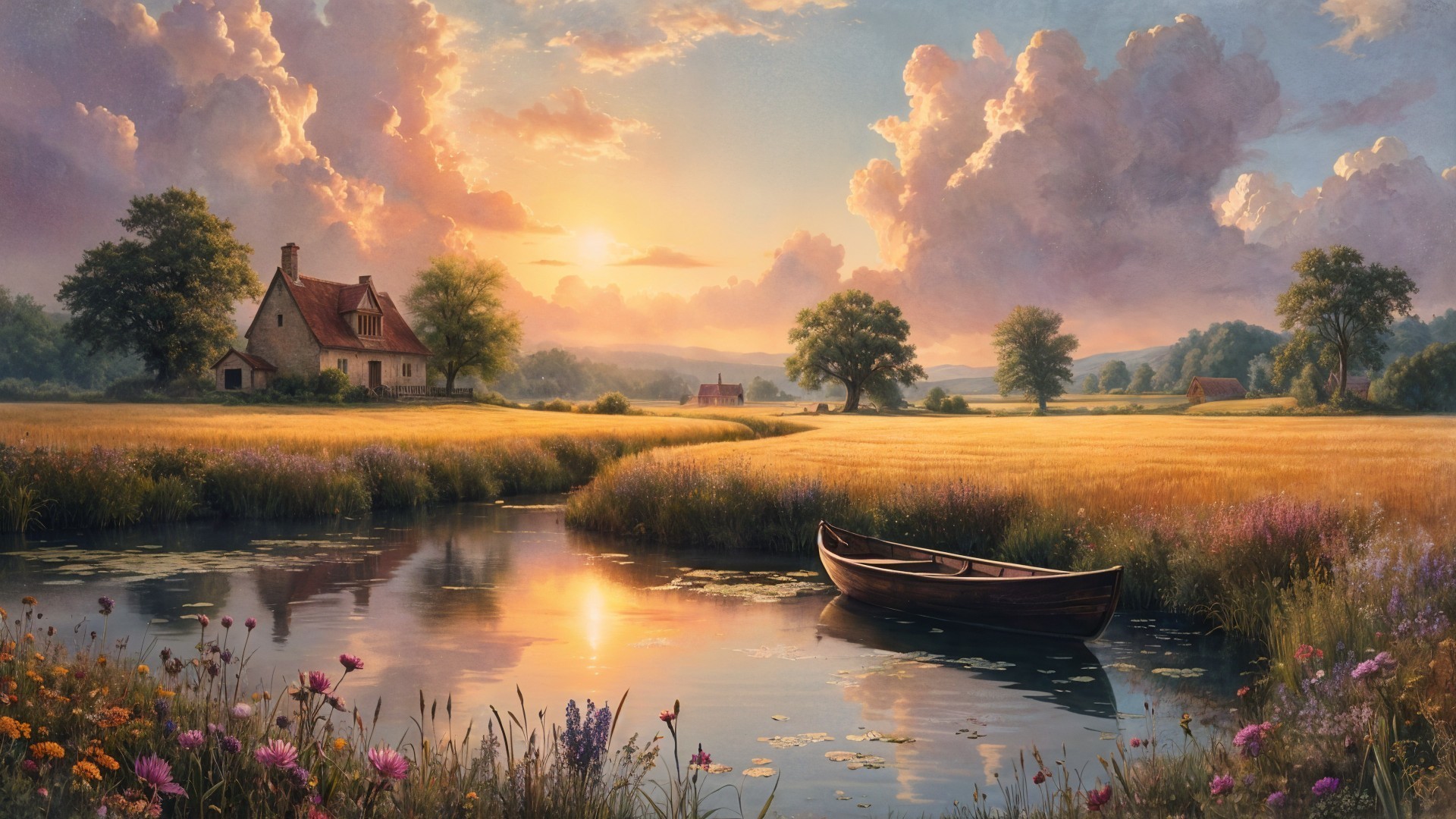 Charming Cottage by a River at Sunset with Wildflowers