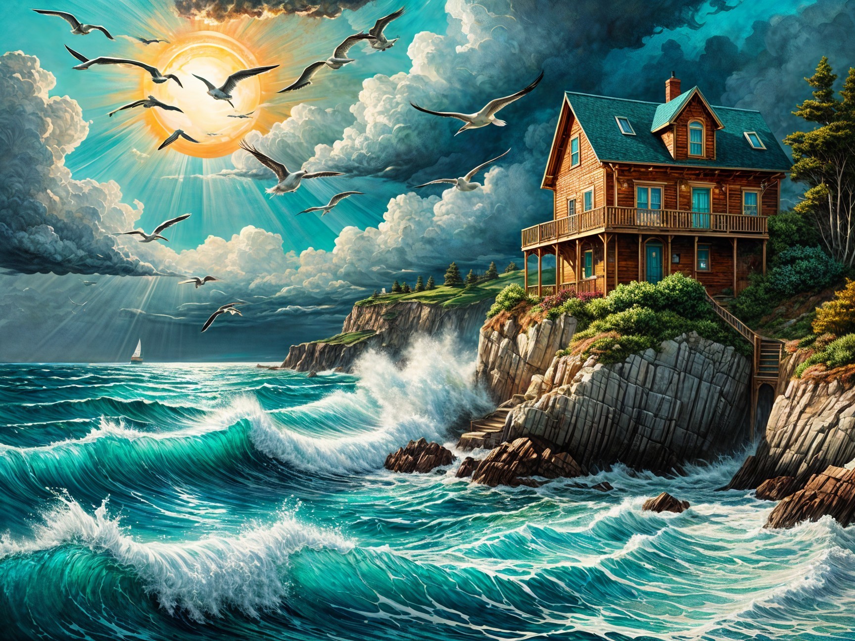 Wooden House on Cliff Overlooking Tumultuous Sea