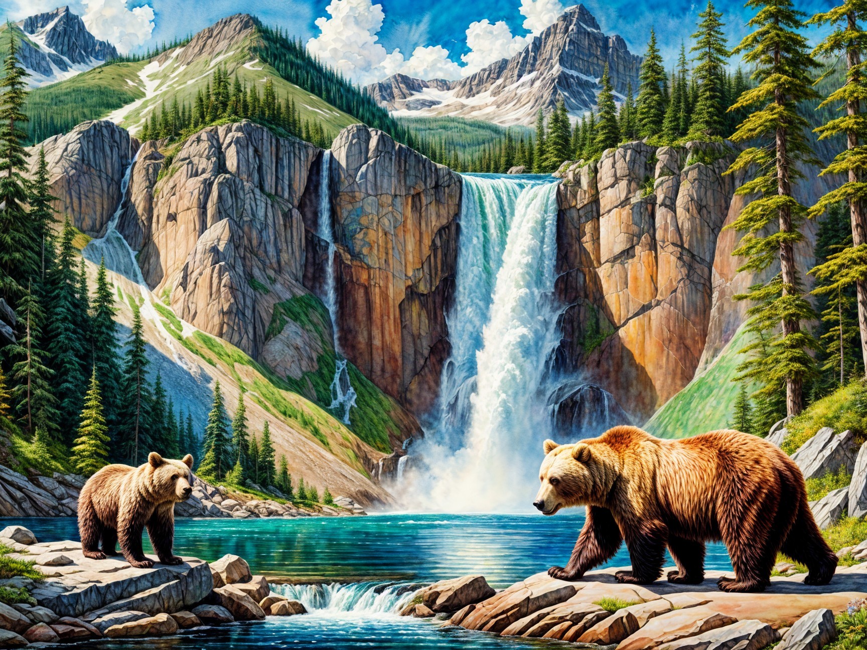 Grizzly Bears by a River in a Majestic Landscape