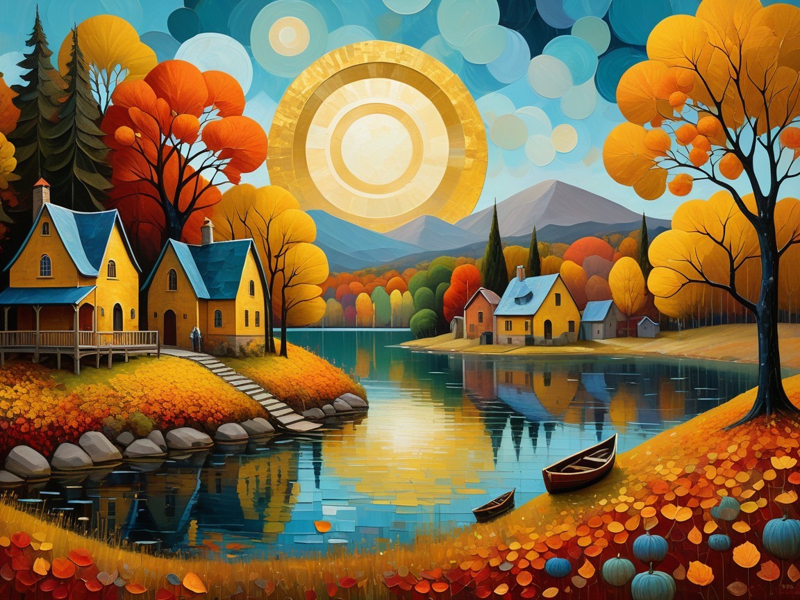 Autumn Landscape with Yellow Houses and Lake Reflections