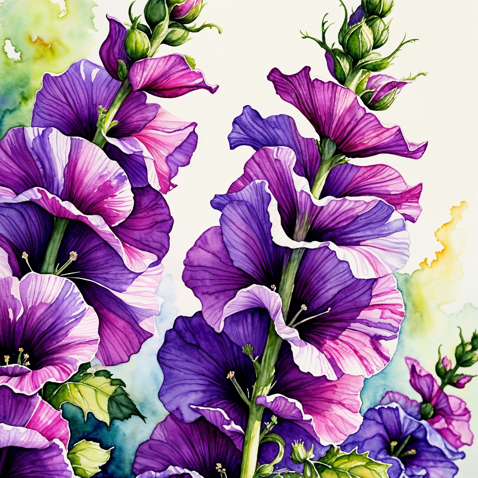Vibrant Watercolor Painting of Hollyhock Flowers