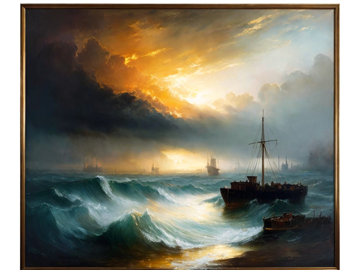 Dramatic Seascape with Turbulent Waves and Ships