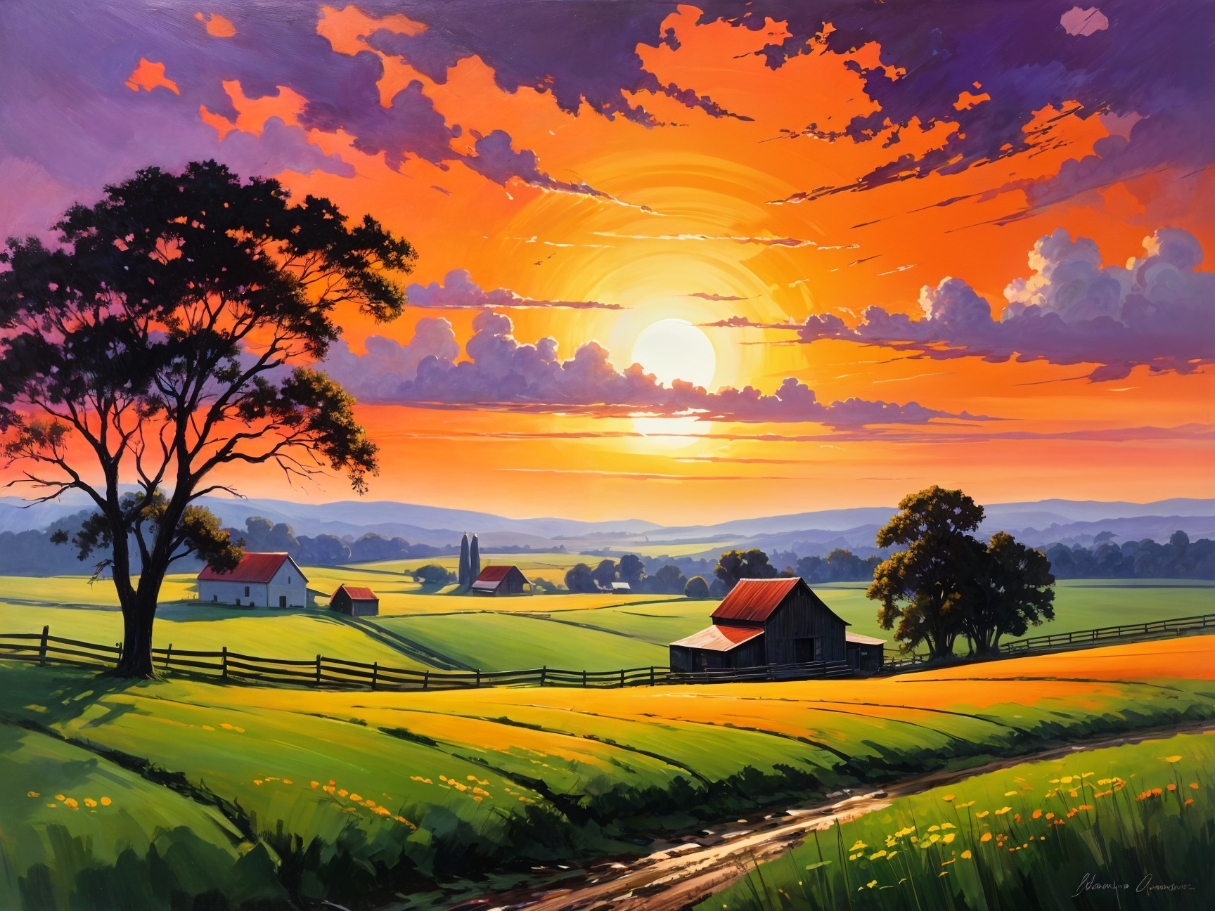 Vibrant Sunset Over Serene Countryside Landscape