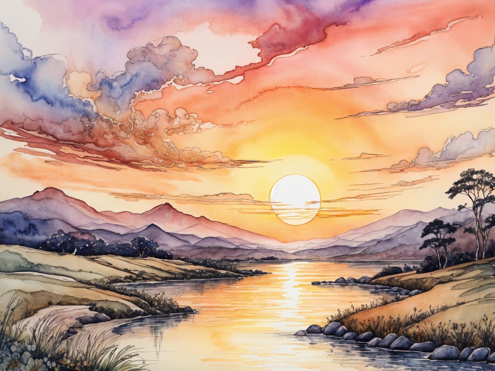Vibrant Sunset Over Tranquil River Landscape Painting