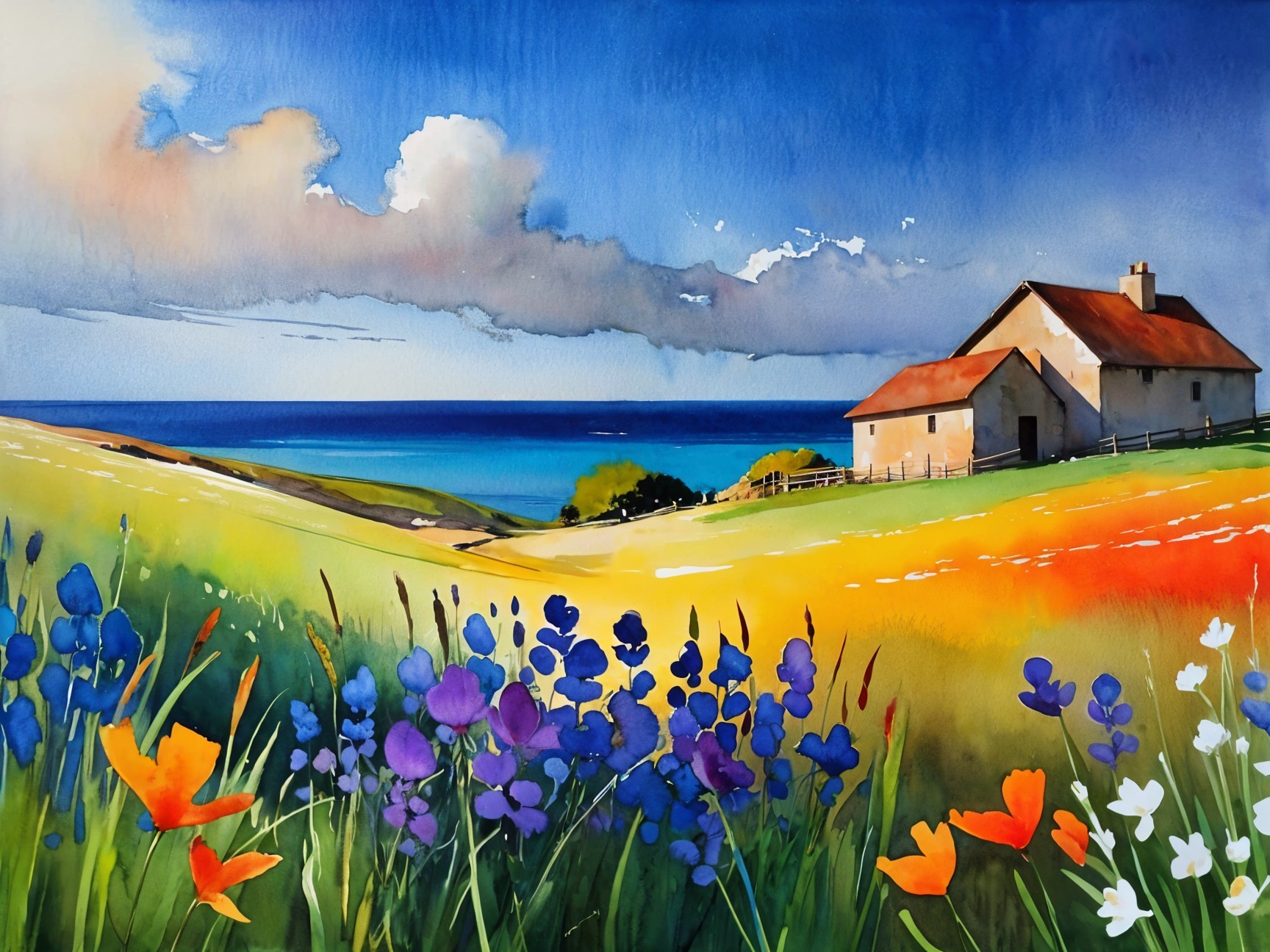 Vibrant Watercolor Landscape of Cottage by the Sea