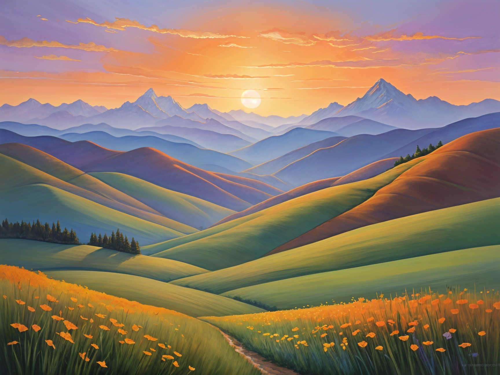 Rolling Green Hills and Majestic Mountains at Sunset
