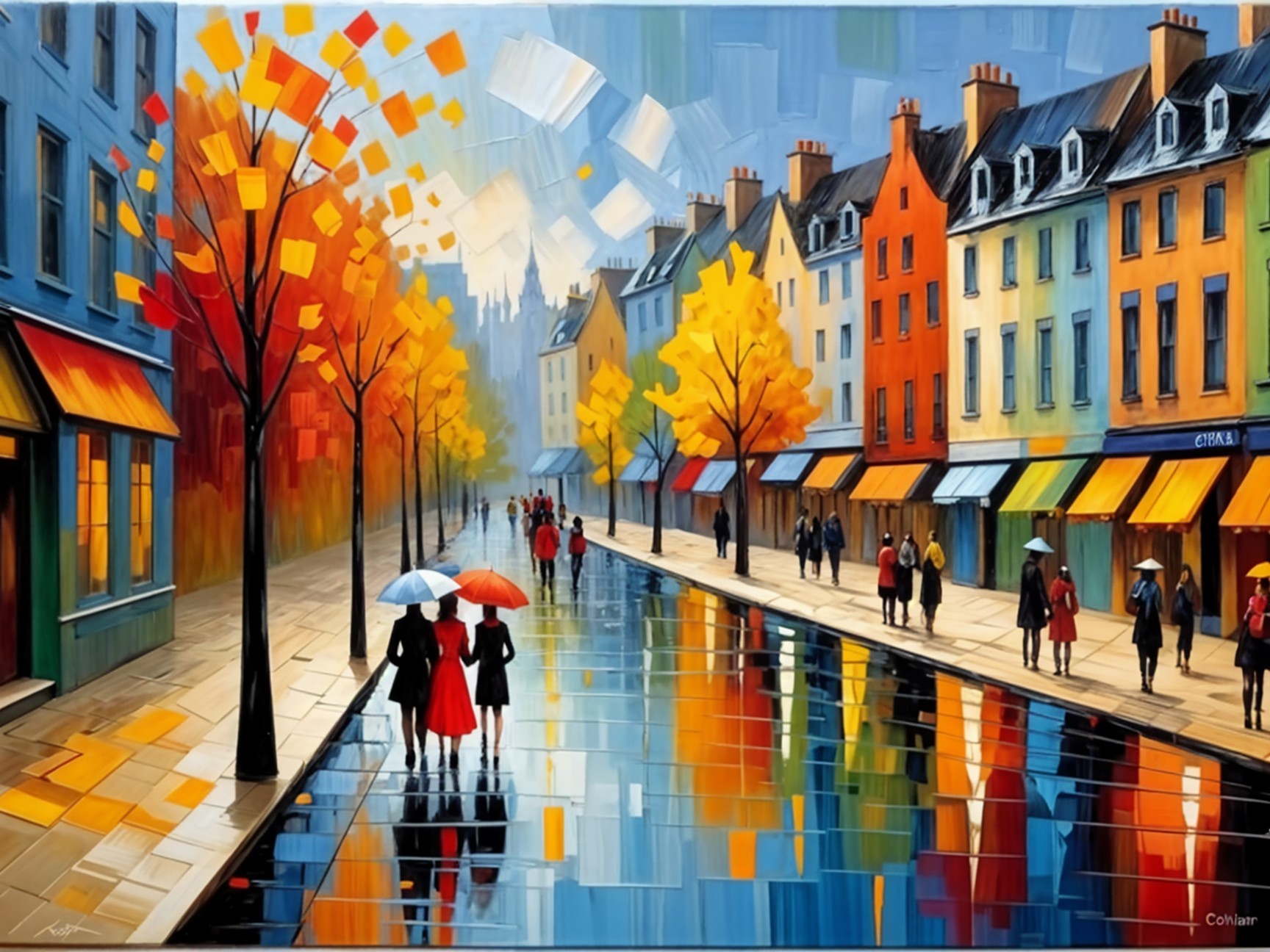 Vibrant Street Scene with Autumn Colors and Umbrellas