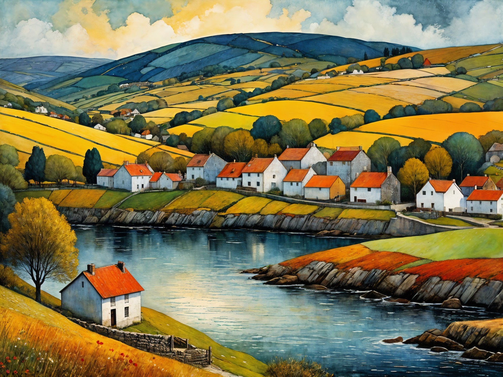 Tranquil River in Lush Golden Fields and Cottages