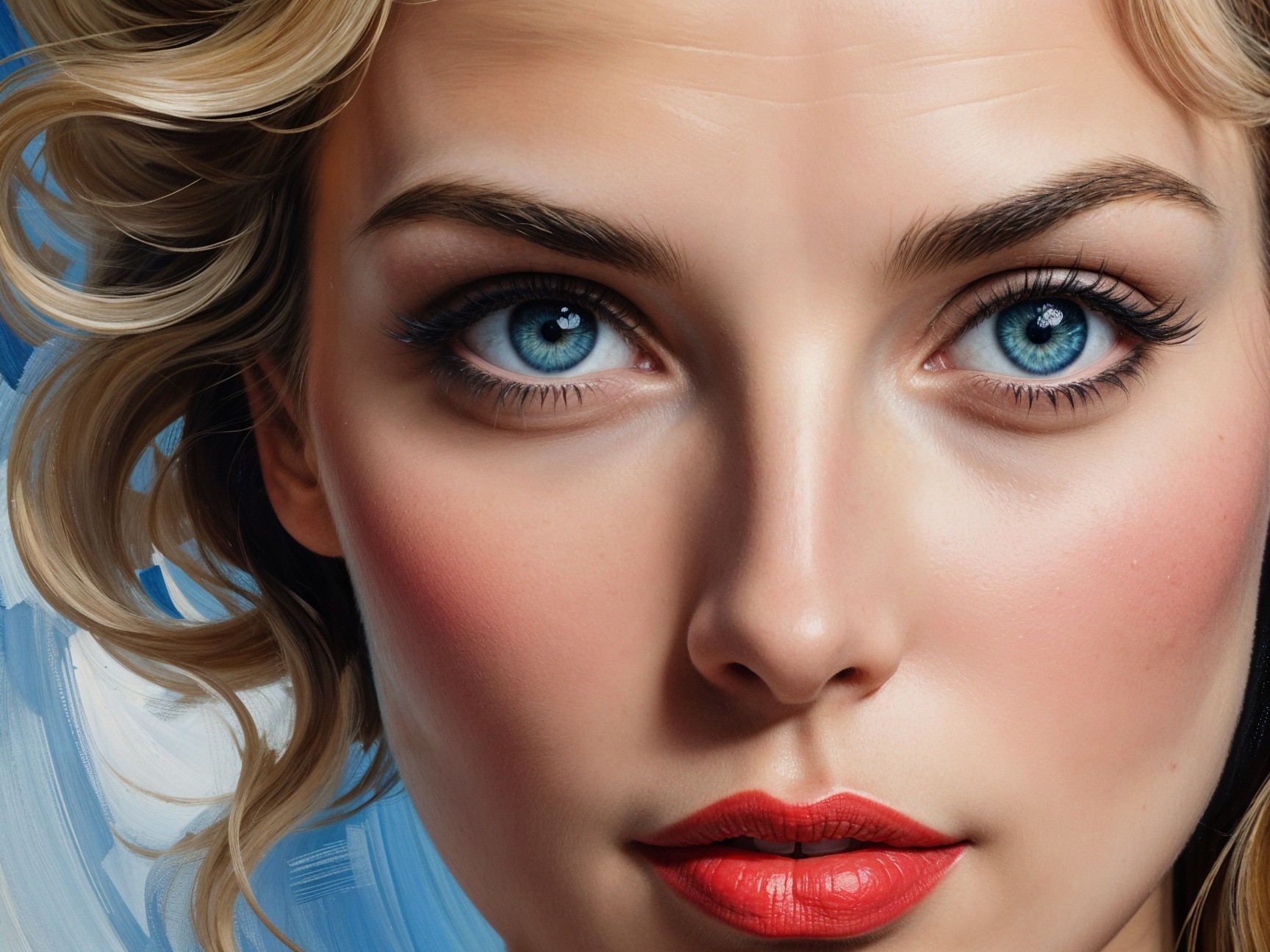 Close-up of a woman's face with blue eyes and blonde hair