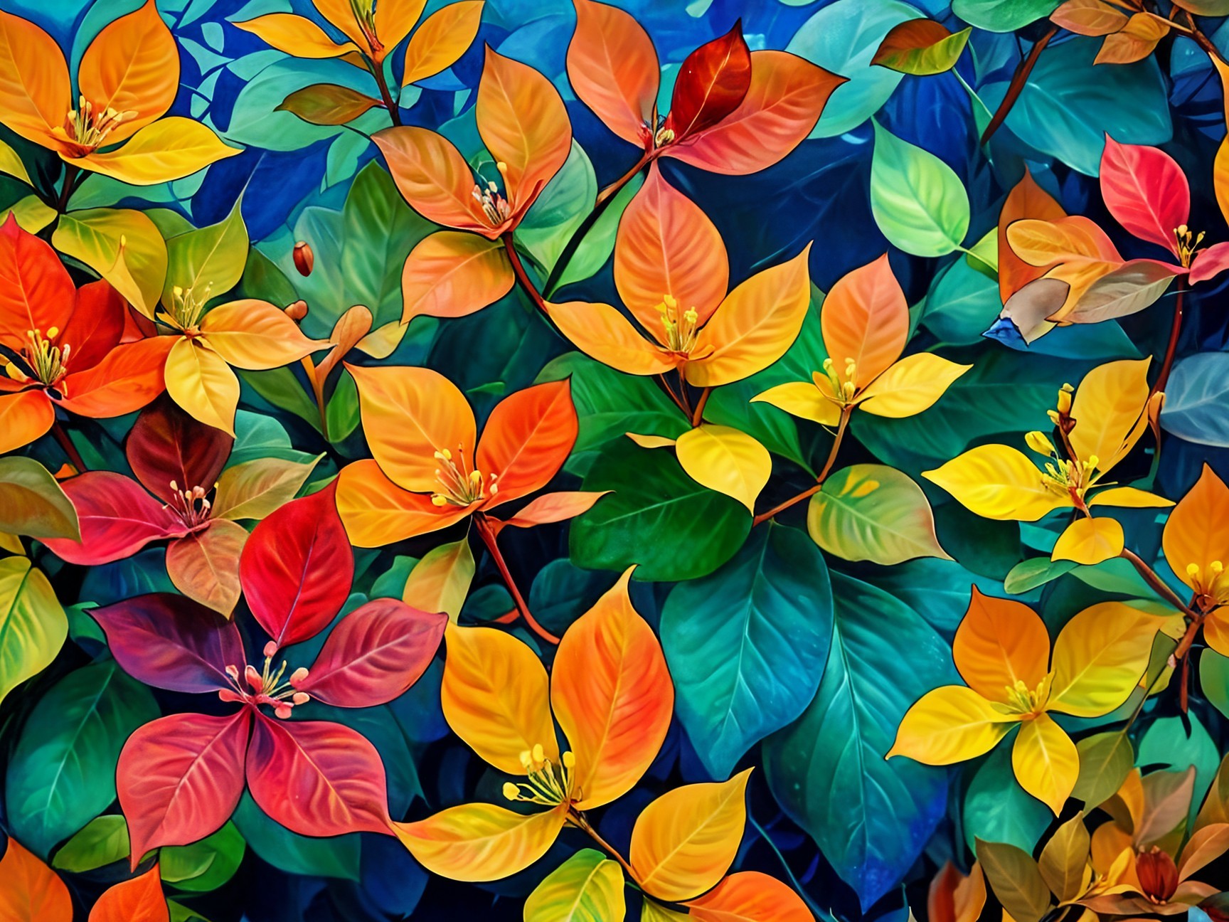 Vibrant Tapestry of Colorful Leaves and Blossoms