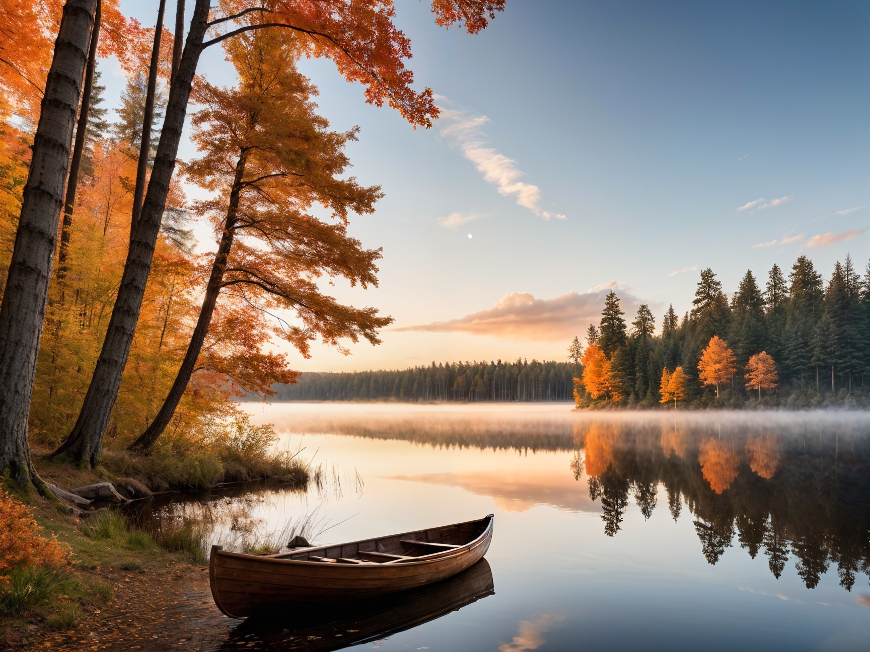 Autumn Lake Scene with Vibrant Foliage and Mist