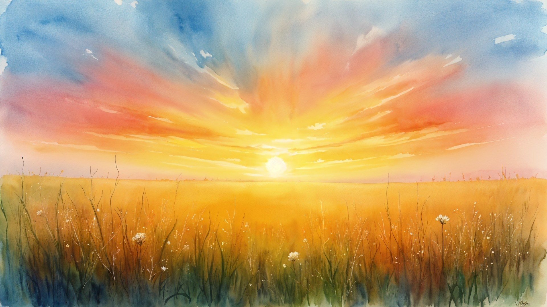 Vibrant Watercolor Sunset Over Golden Field Landscape