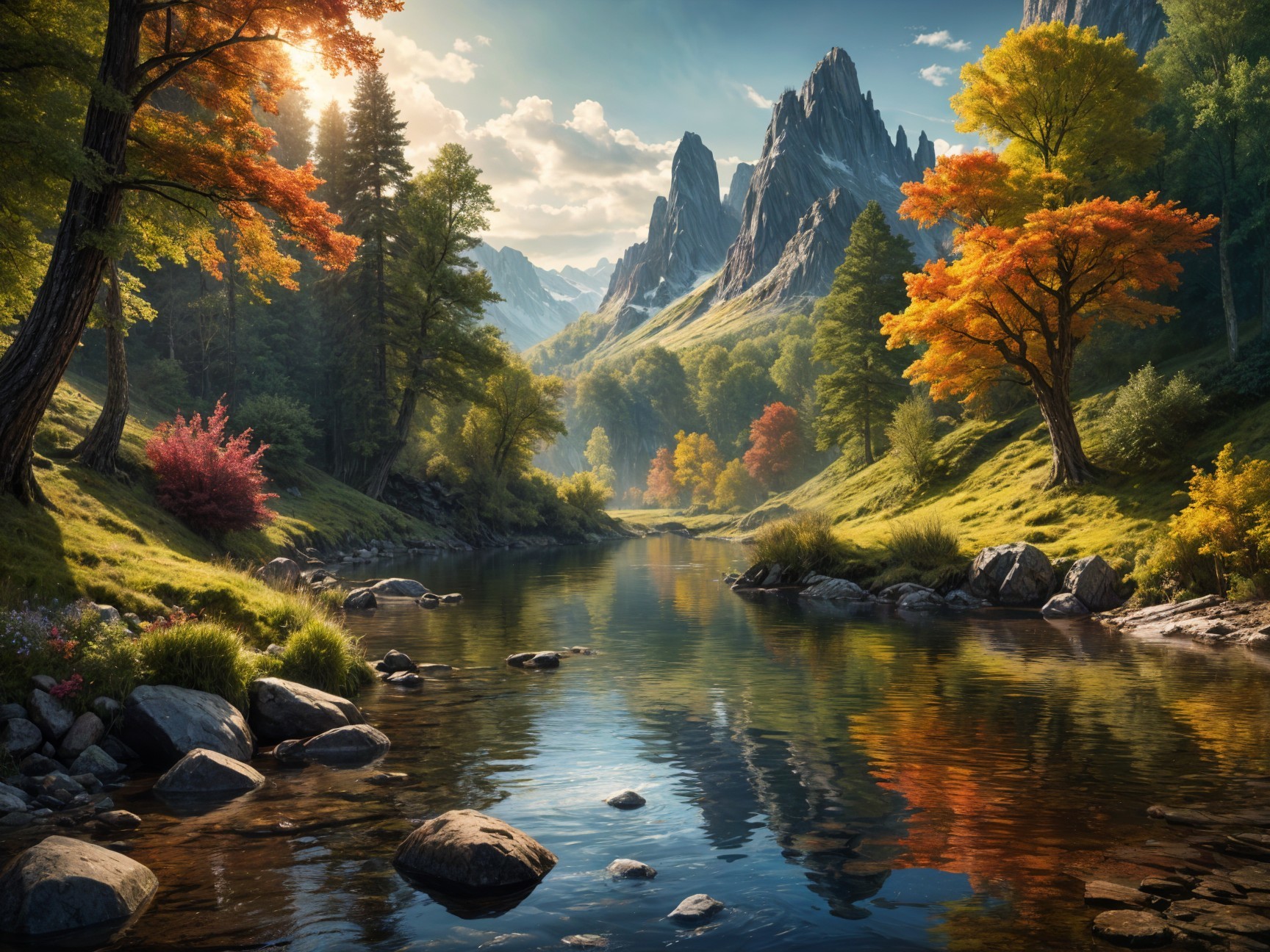 Serene River Landscape with Autumn Colors and Mountains