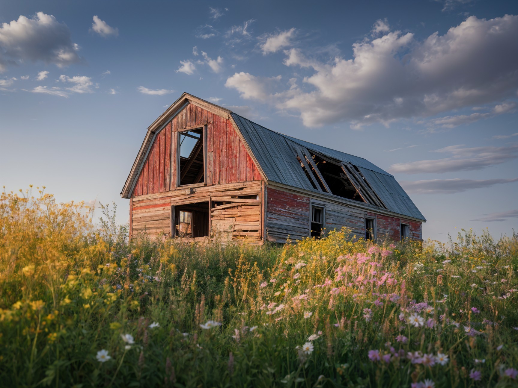 Weathered Barn Surrounded by Vibrant Wildflower Field