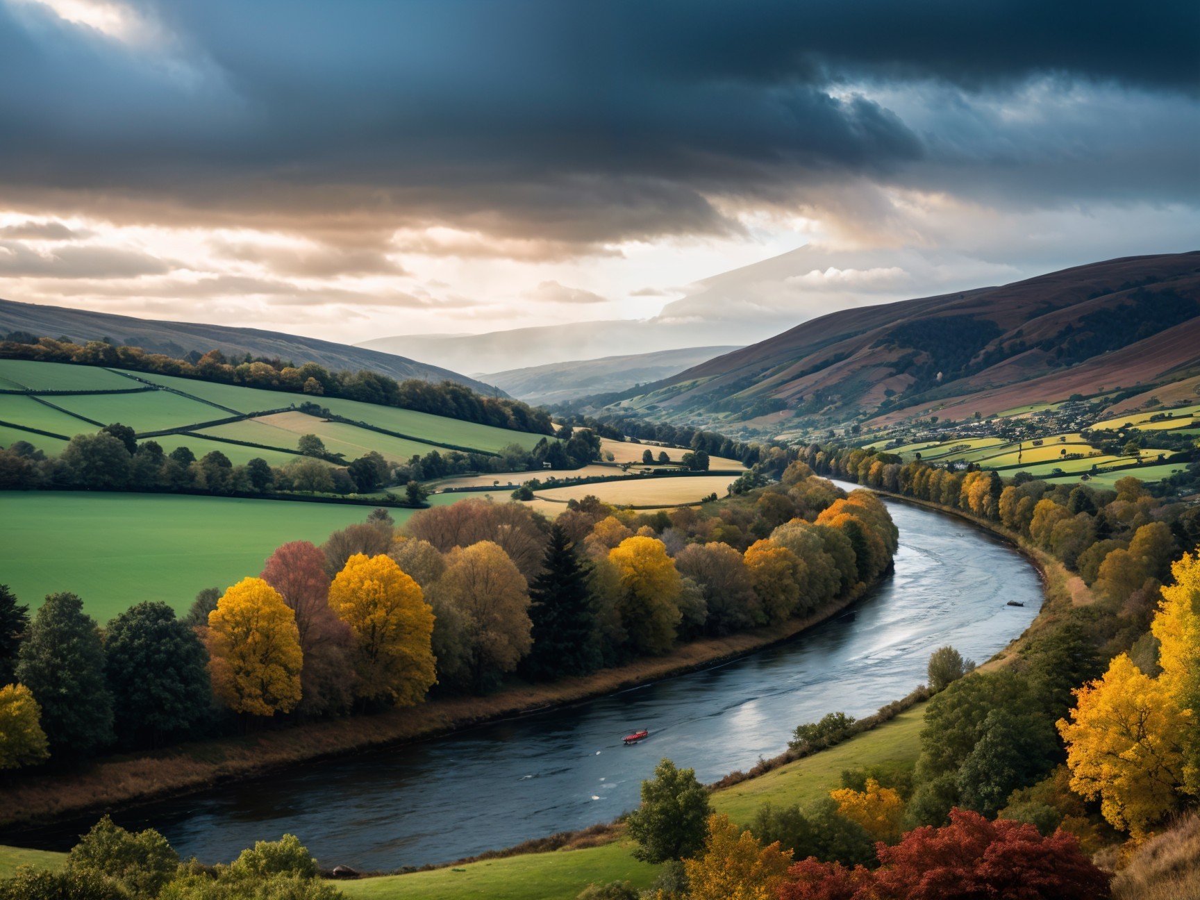 Winding River in a Scenic Autumn Valley Landscape