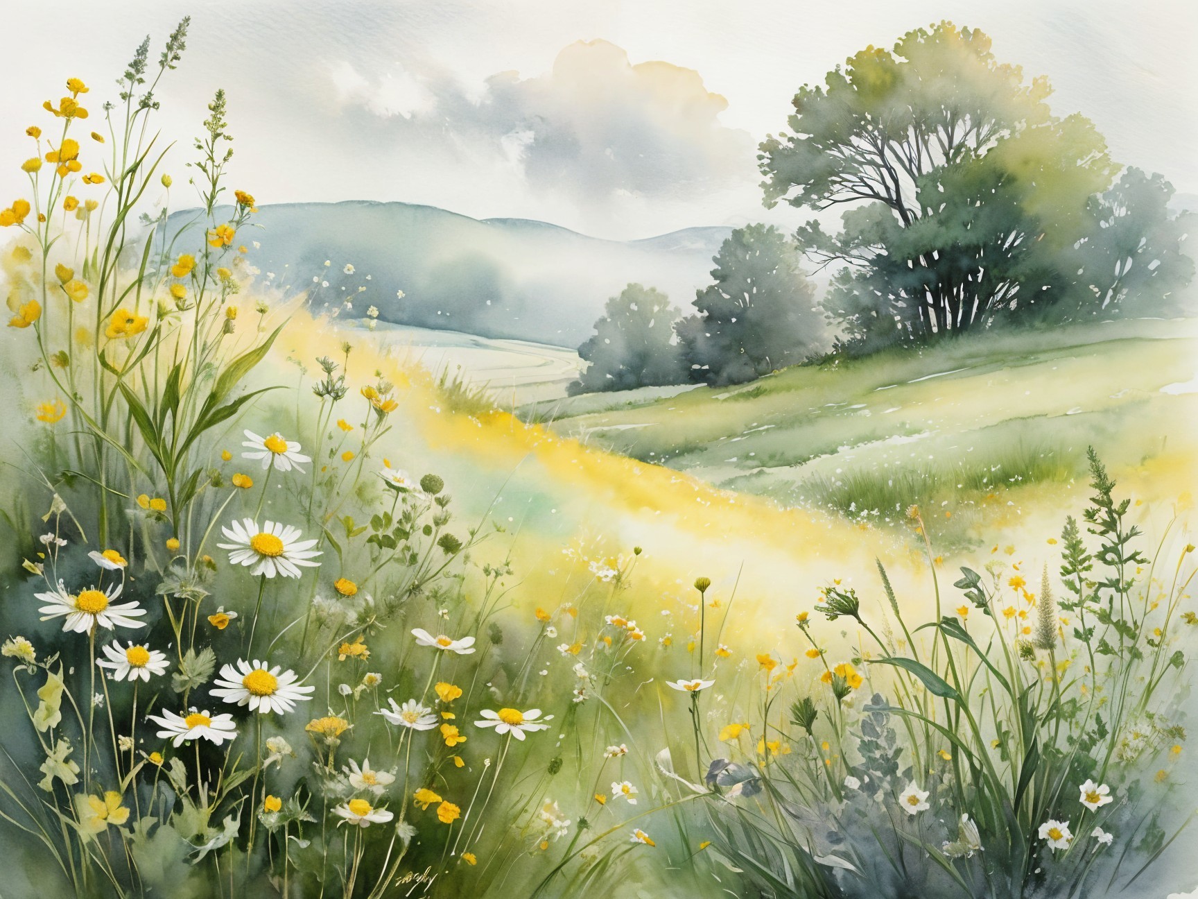 Tranquil Landscape with Rolling Hills and Wildflowers