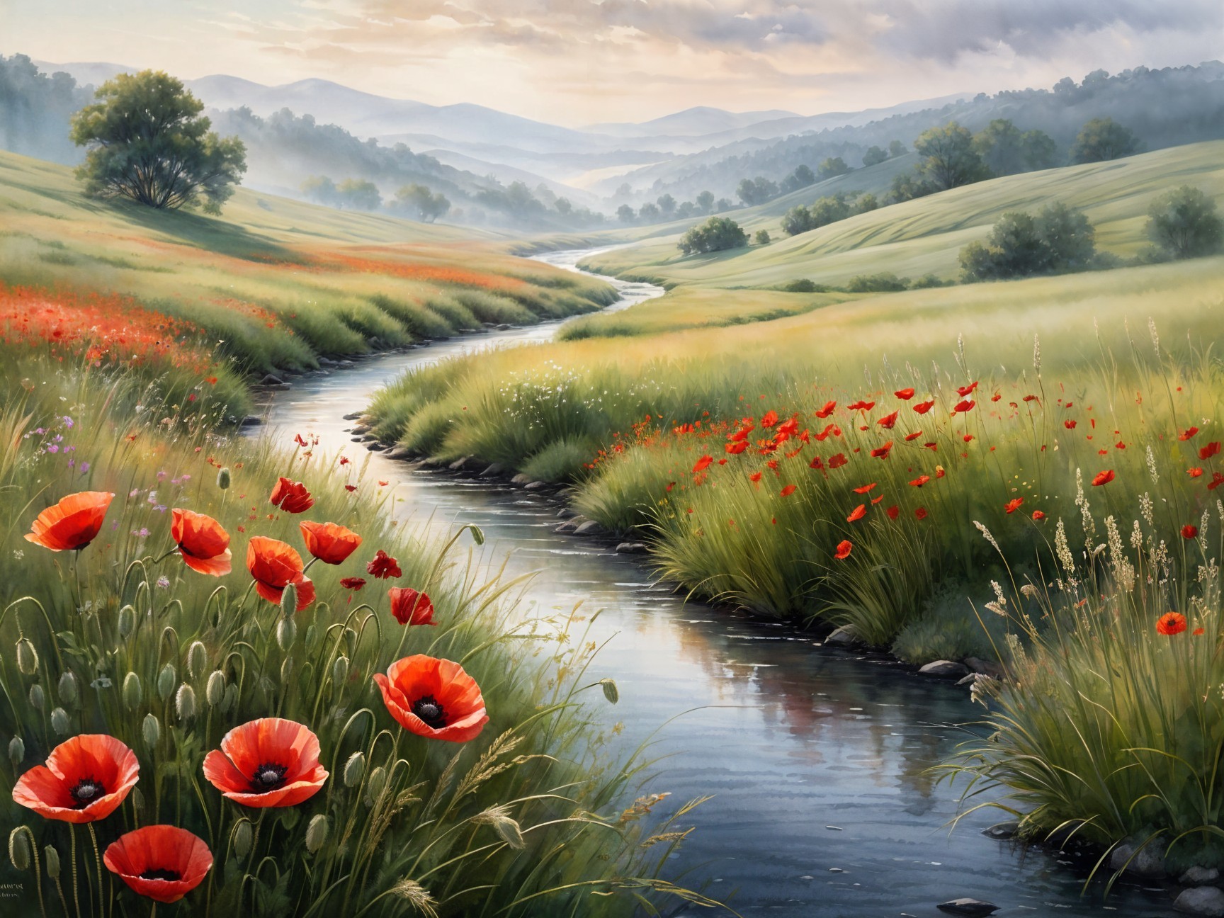 Serene Landscape with River and Vibrant Poppies