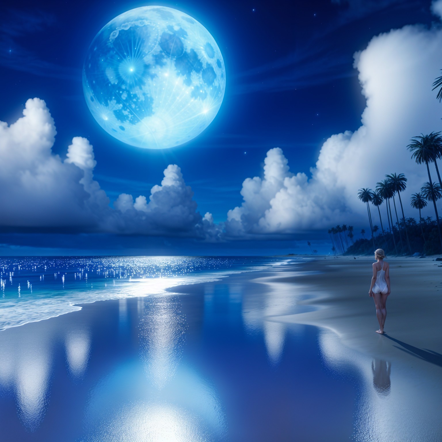Serene Beach Scene Under a Full Moon Glow