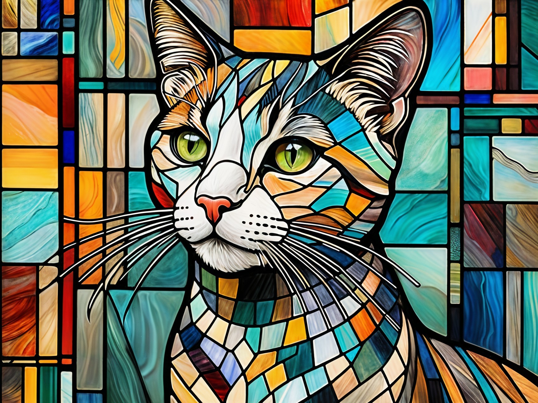 Abstract Stained Glass Cat with Colorful Mosaic Design