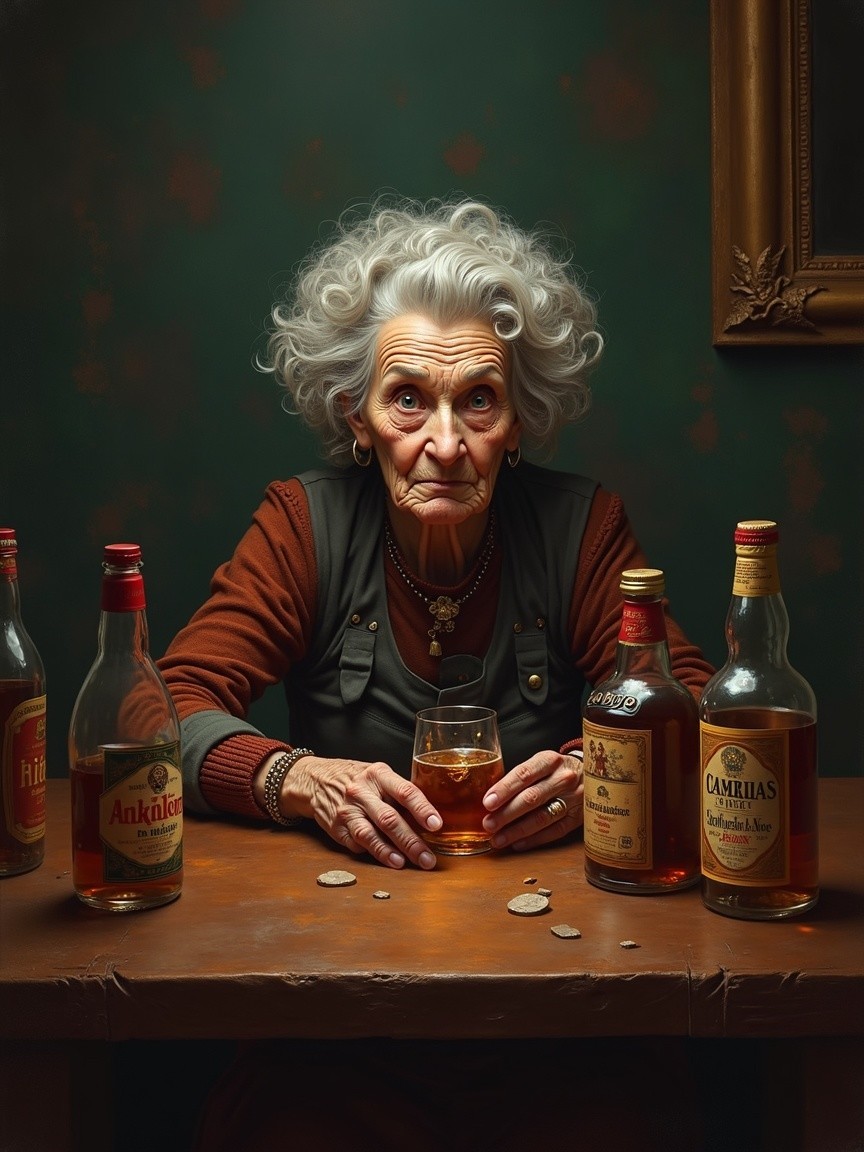 Elderly Woman with Gray Hair at Wooden Table