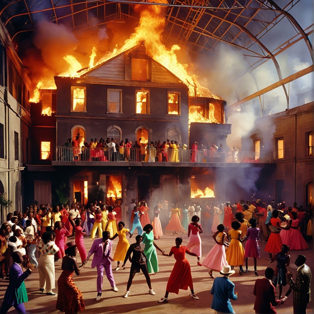 Vibrant Gathering Amidst Dramatic Fire Scene