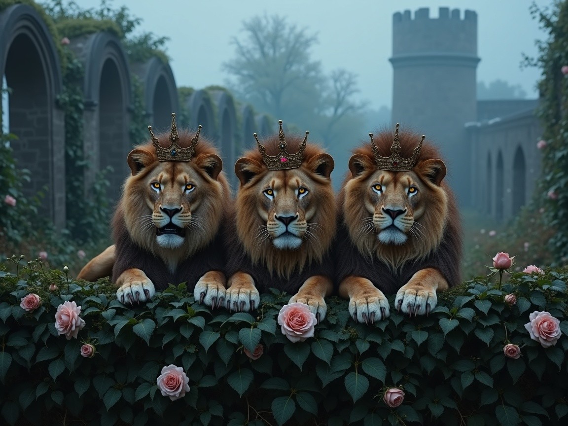 Majestic Lions with Crowns in a Mystical Garden