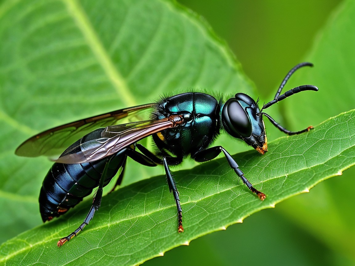 Iridescent Insect on Green Leaf Close-Up Details