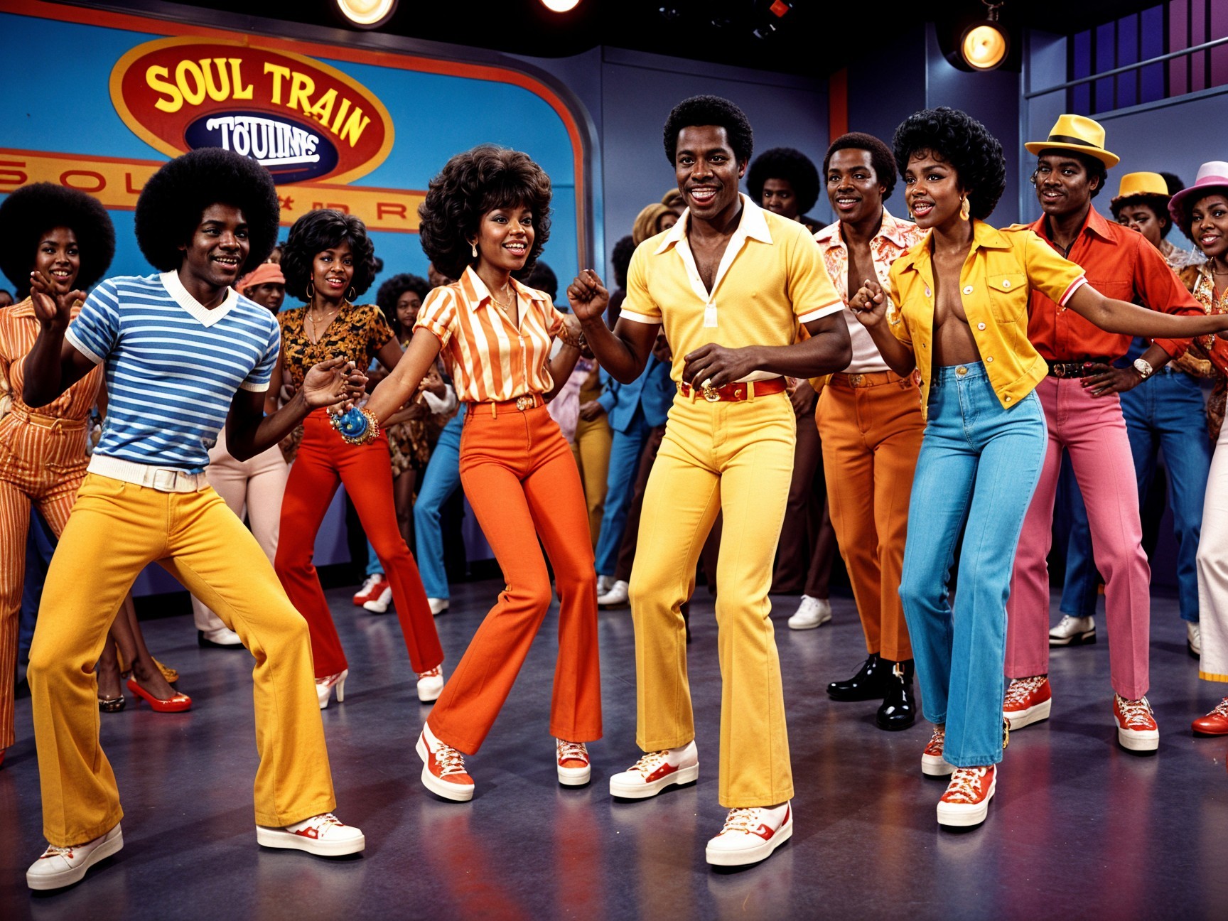 Diverse Dancers in Colorful 1970s Soul Train Fashion
