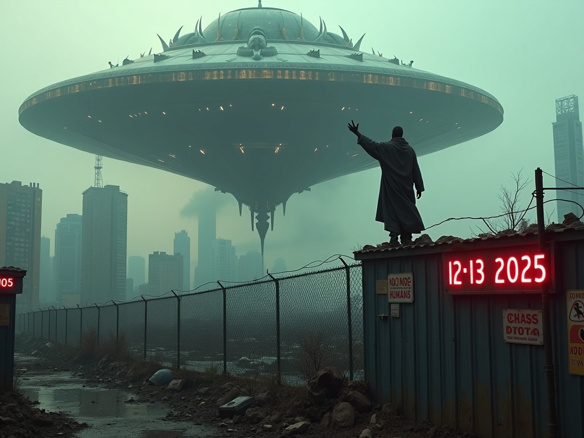 Lone Figure on Container Under UFO in Foggy City