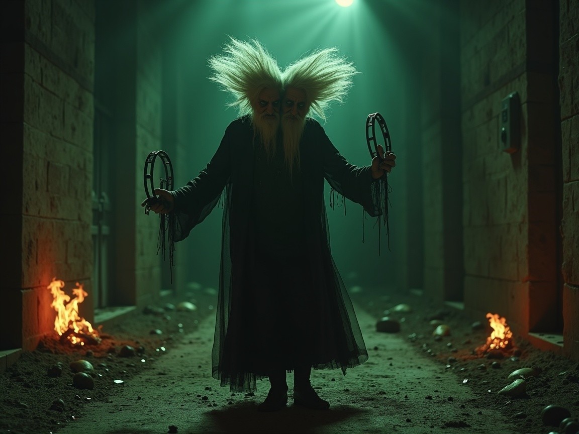 Mystical Figure in Eerie Corridor with Tambourines