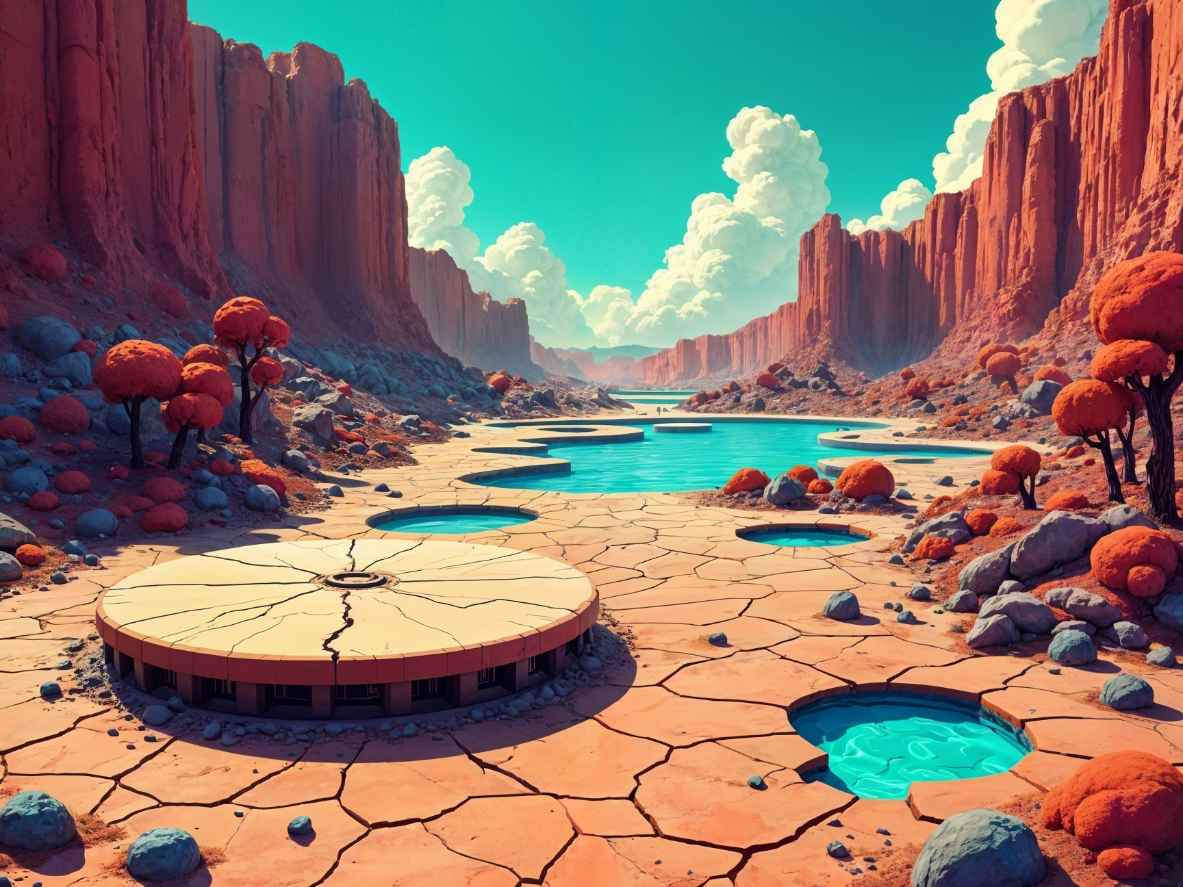 Surreal Landscape with Red Rocks and Blue Lake