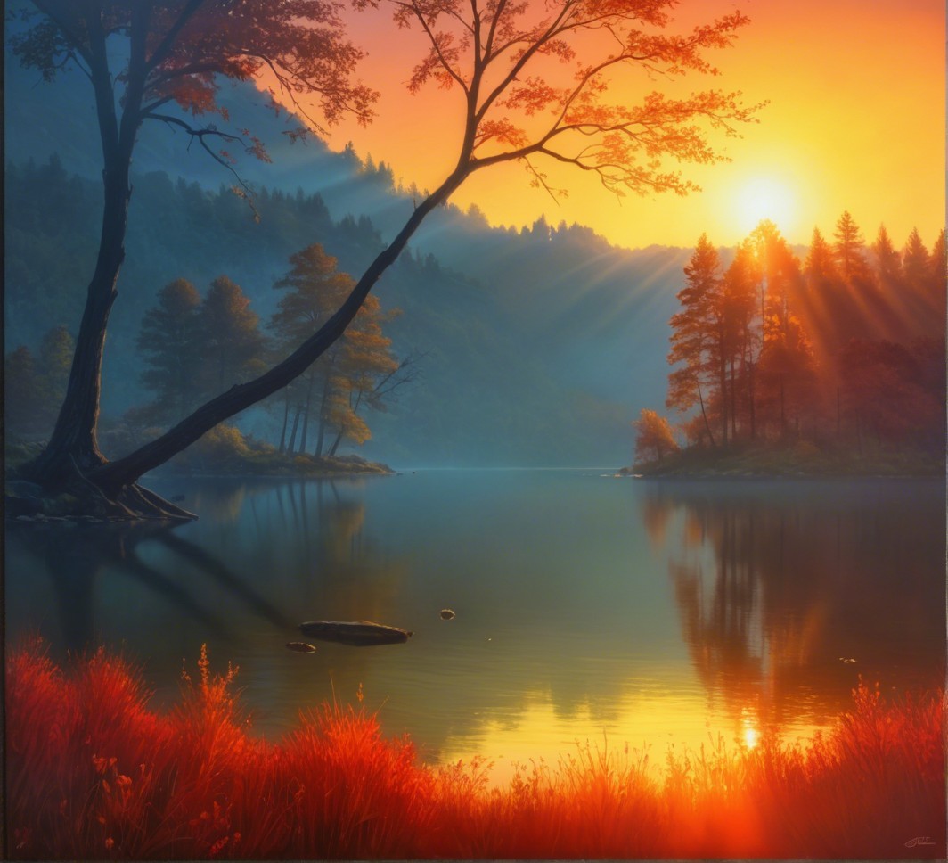 Lakeside Sunset with Autumn Foliage and Reflections