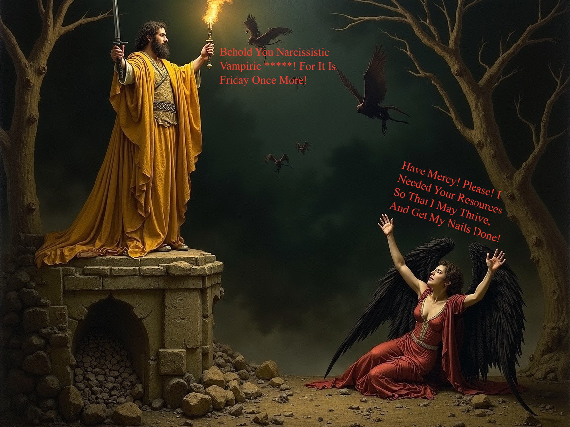 Dramatic Scene of Conflict with Golden Robes and Black Wings
