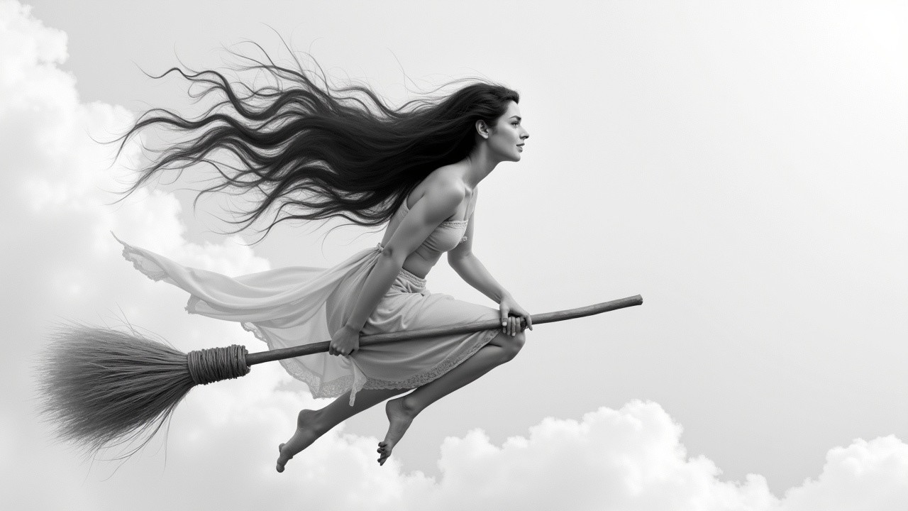 Woman Riding Broomstick in Dreamy Cloudy Sky