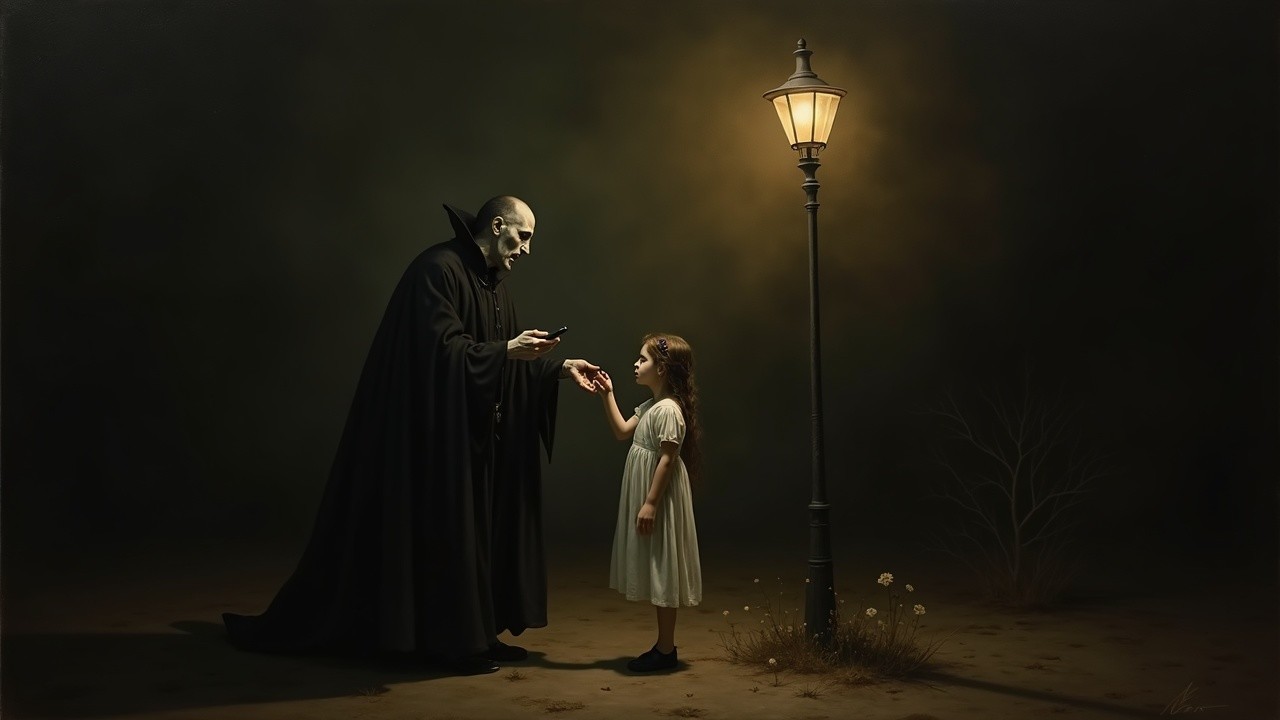 Mysterious Encounter Under a Streetlamp at Night