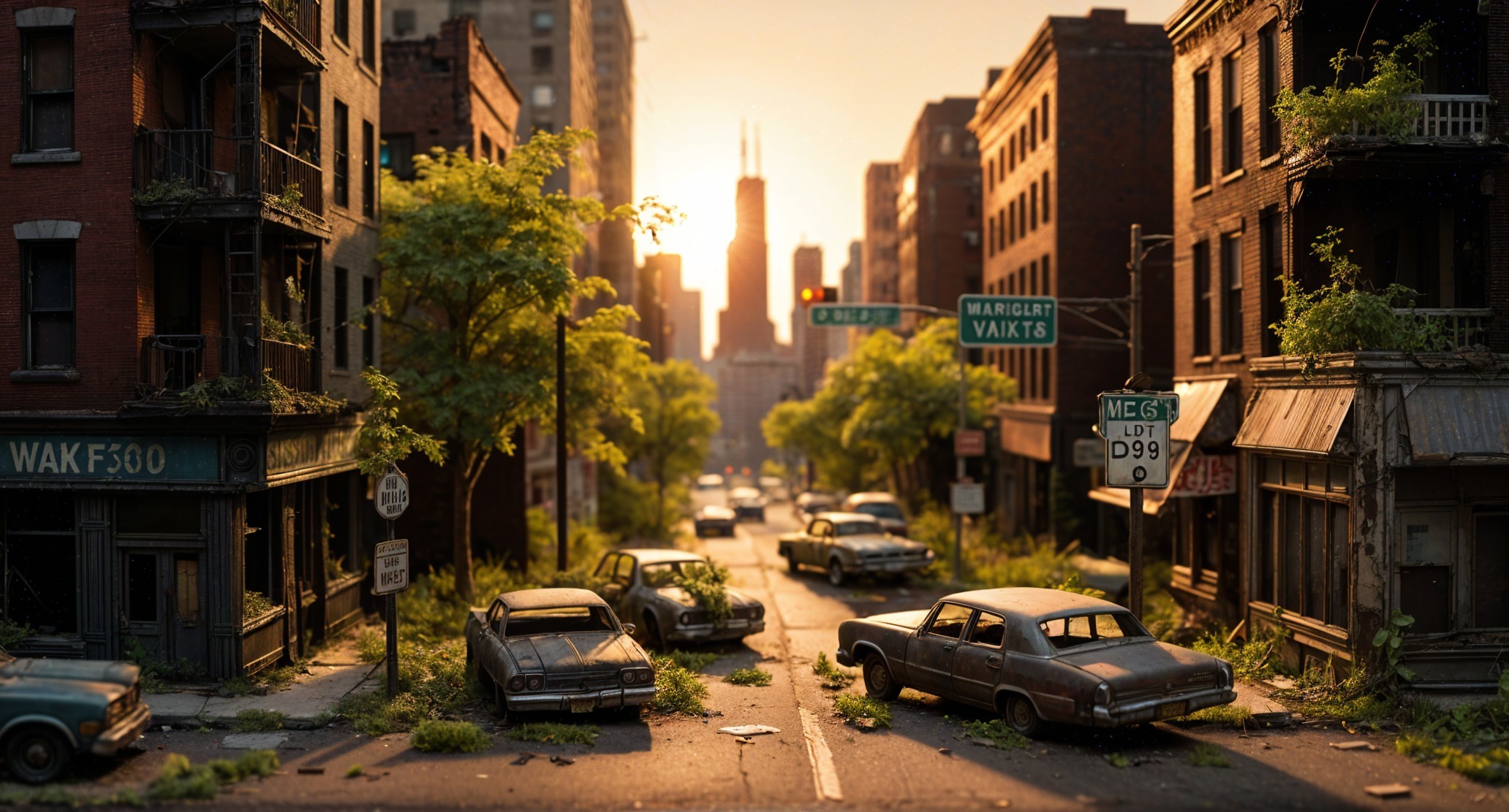 Post-Apocalyptic Urban Scene with Overgrown Streets