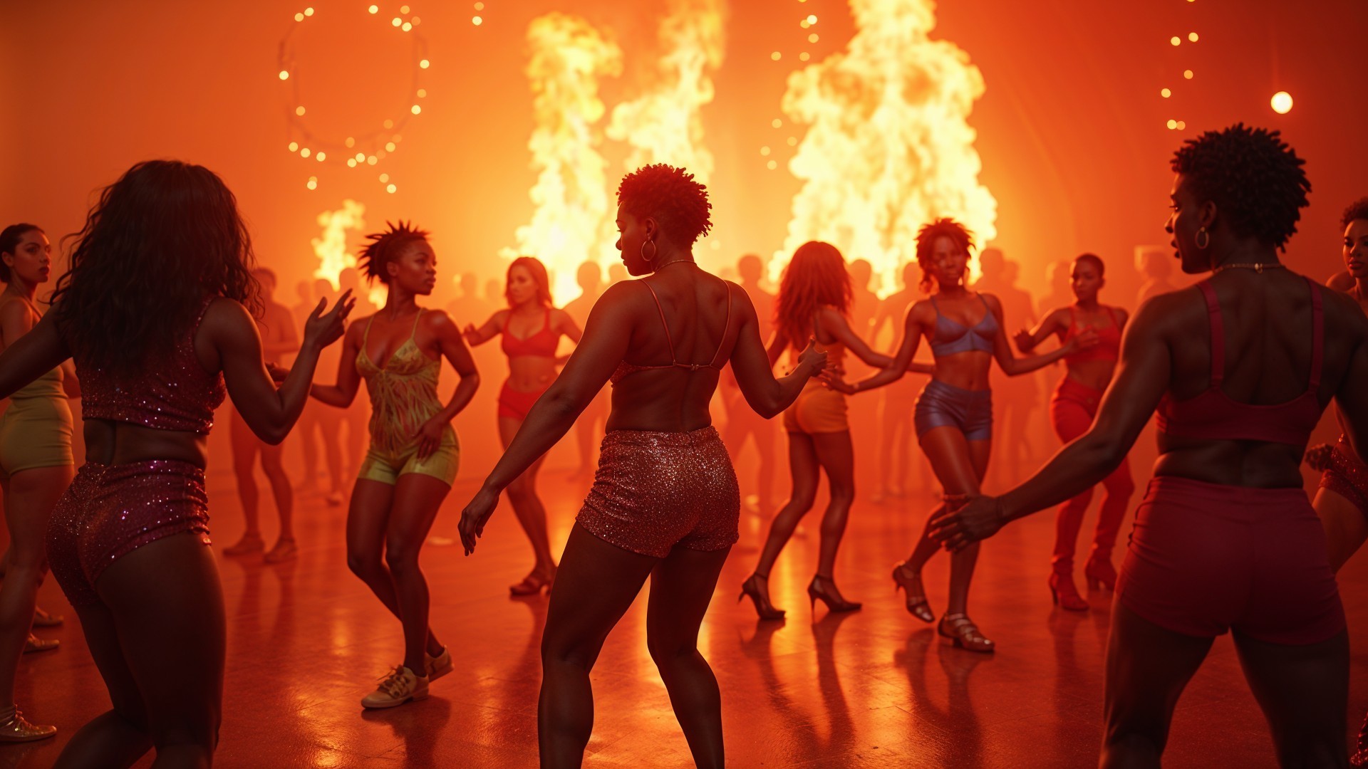 Diverse Women Dancing in Vibrant Fiery Setting