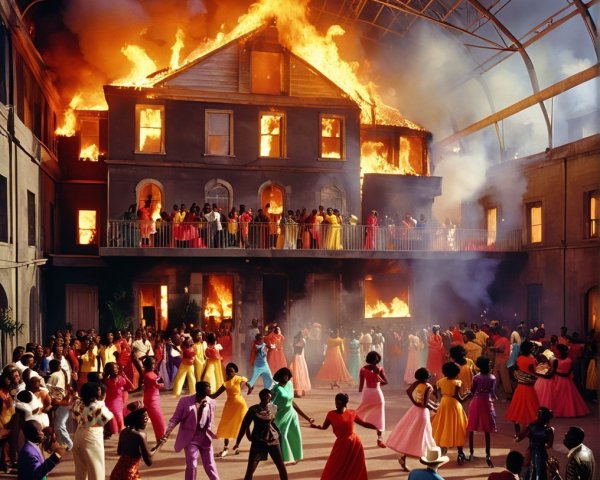 Vibrant Gathering Amidst Dramatic Fire Scene