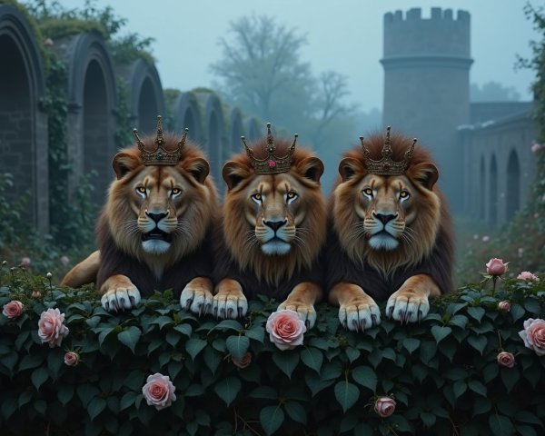 Majestic Lions with Crowns in a Mystical Garden