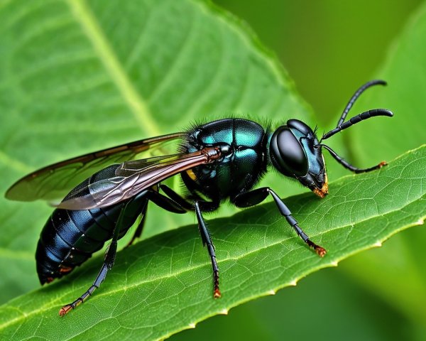 Iridescent Insect on Green Leaf Close-Up Details