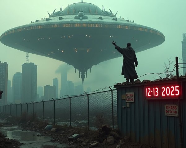 Lone Figure on Container Under UFO in Foggy City